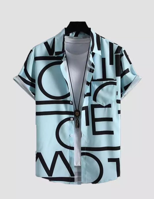 Alphabet Print Shirt With Patched Pocket and Half Sleeve Beach Wear Sky blue color RoscoeShirts