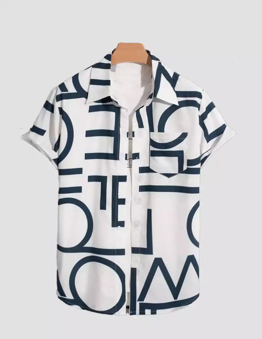 Alphabet Print Shirt With Patched Pocket and Half Sleeve Beach Wear RoscoeShirts
