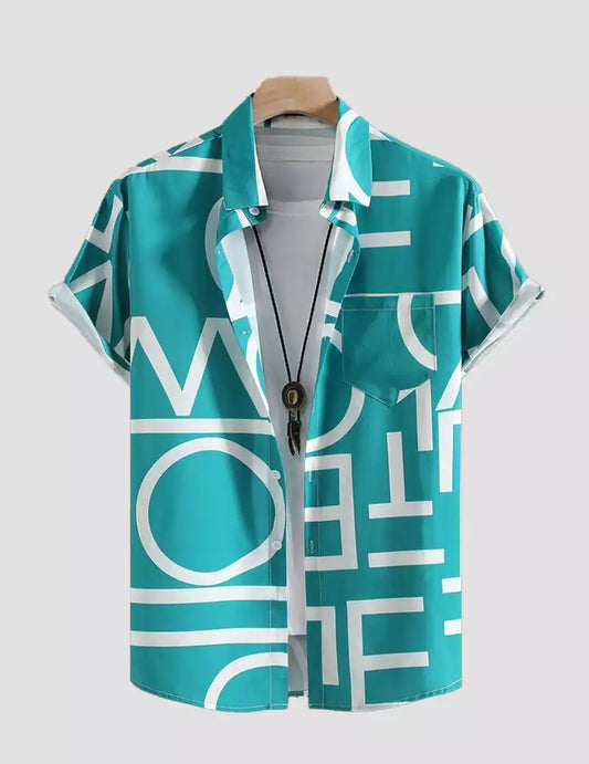 Alphabet Print Shirt With Patched Pocket and Half Sleeve Shirt  Beach Wear Dark blue colour RoscoeShirts