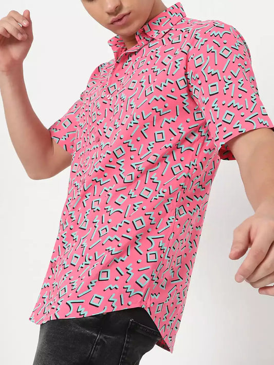 Abstract Printed Pink Color Men's printed Cotton Casual Shirt Half Sleeve available on RoscoeShirts